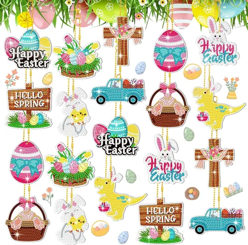 Skylety 20 piezas de adornos artísticos de diamantes de Pascua, huevos de Pascua, conejo, kits de pintura de diamantes para adultos, etiquetas de