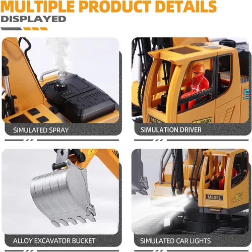 Miniatura 5 de ViRockSign Juguetes de excavadora con control remoto para niños, juguetes de construcción RC de 16 canales con pala de metal y luz, humo simulado
