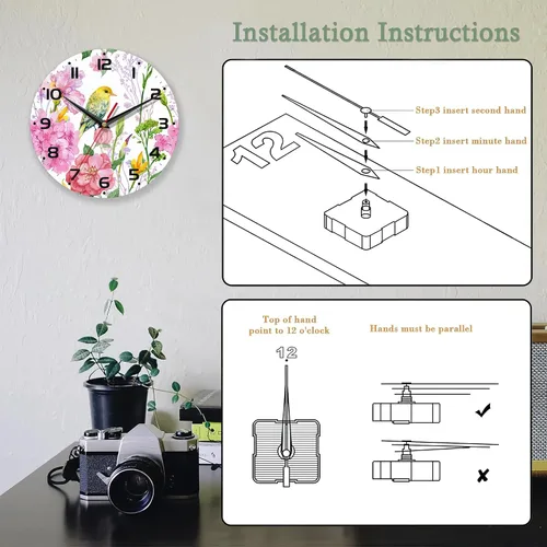 Miniatura 4 de Reloj de pared con pilas, reloj de pájaro para sala de estar, flores de acuarela, reloj de pared decorativo para sala de estar, dormitorio, baño