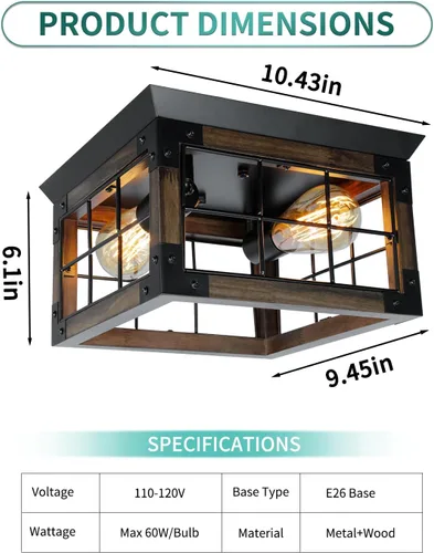 Miniatura 2 de Lámpara de techo de montaje empotrado estilo granja, 2 luces, lámpara de techo de granja, lámparas de cocina de esquina con enchufe E26, lámparas
