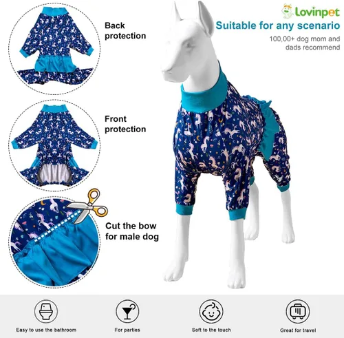 Miniatura 3 de LovinPet Pijamas grandes para perros - Camisa de unicornio para perro, mono de recuperación posoperatoria, impresión de sirenas y unicornios Rosa