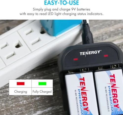 Miniatura 3 de Tenergy Batería recargable de 9 V, 250 mAh, paquete de 4 baterías NiMH Square con cargador de batería de 2 bahías de 9 V para alarma de humo/detector