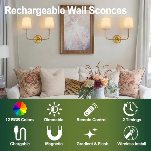 Miniatura 3 de Aplique de Pared de Doble Pared Operado por Batería, Apliques de Tela Inalámbricos Recargables de 2 Luces con Batería con Control Remoto, Luces