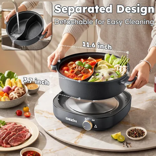 Miniatura 4 de Dezin Olla Caliente Eléctrica con Divisor, Shabu Shabu Eléctrico de 4L con Olla de Doble Sabor, 3.7" de Profundidad Antiadherente de Doble Lado