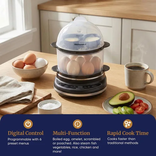 Miniatura 6 de Elite Gourmet EGC314CB - Cocedor de huevos digital fácil, vaporizador de alimentos, escalfador, huevo blando, medio, duro con 6 funciones Carbón