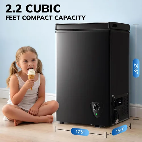 Miniatura 2 de WANAI Congelador de pecho de 2.2 pies cúbicos con 2 cestas extraíbles, mini congelador profundo, termostato ajustable de 7 con puerta superior Negro