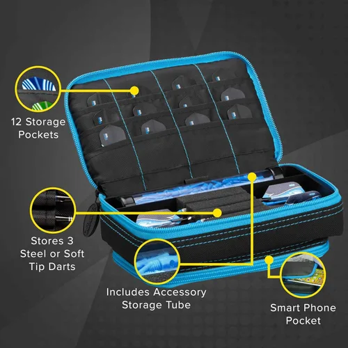 Miniatura 3 de Casemaster Plazma Plus, 3 dardos para dardos suaves y de acero con bolsillo frontal grande para dispositivos móviles, tubo de almacenamiento Franja