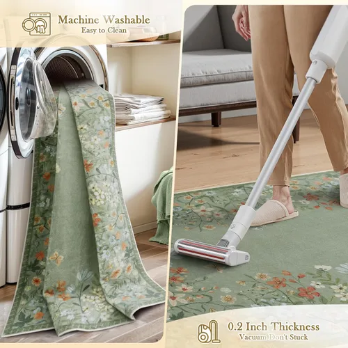 Miniatura 5 de Wonnitar Alfombra de área lavable de 2 x 3, alfombra de entrada floral verde, alfombra bohemia pequeña antideslizante para baño, alfombra suave