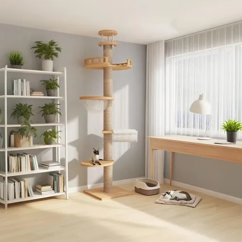 Árbol para gatos del suelo al techo, torre para gatos de altura ajustable de madera maciza, árbol para gatos de 6 a 9.5 pies de alto con poste