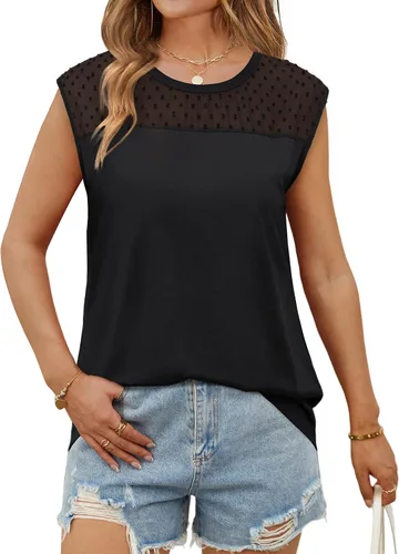 Miniatura 2 de WIHOLL Camisetas sin mangas para mujer, camisas de manga casquillo de verano con lindo encaje 2024 a la moda