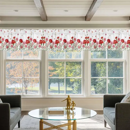 Miniatura 6 de Cenefa floral para ventanas, cortinas de clavel rojo y rosa, cenefas con bolsillo para barra, cenefa de ventana para primavera, vacaciones, día