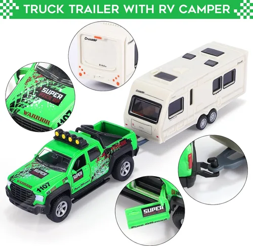 Miniatura 4 de G.C 4 Pack de juguetes de camiones de remolque para niños, juguetes de camping, barcos, camiones de metal fundido, vehículos 1:36, juguetes de autos