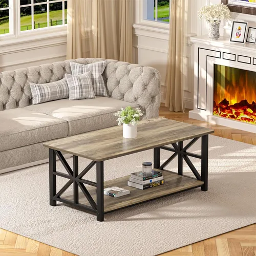 Miniatura 9 de GreenForest - Mesa de café para sala de estar con esquinas redondas, mesa central estilo granja con estante de almacenamiento de 39 pulgadas, ahorro