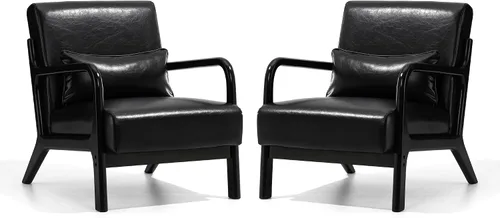 Miniatura 7 de Glitzhome Juego de 2 sillas Accent de mediados de siglo, color negro, silla individual de lectura, silla de salón de piel sintética PU