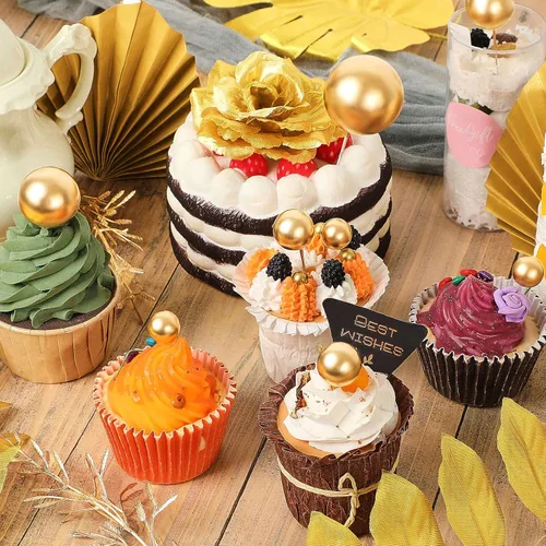 Miniatura 5 de 26 piezas de decoración de pastel de feliz cumpleaños, decoraciones doradas para tartas, hojas de palma, bolas para cupcakes, flores florales