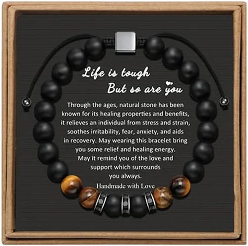 JoycuFF Pulseras curativas de ojo de tigre para hombres, 0.315 pulgadas, piedra de ágata negra mate para padre, hermano, hijo, novio