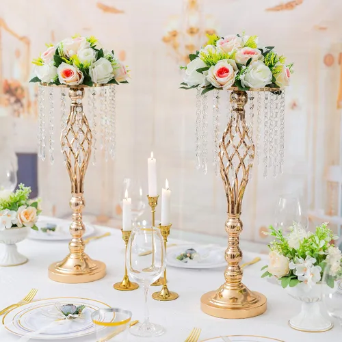 Miniatura 3 de Sziqiqi - Centro de mesa elevado floral dorado para mesa de boda de 21.7 pulgadas de altura con centros de mesa de flores de cristal y cuentas
