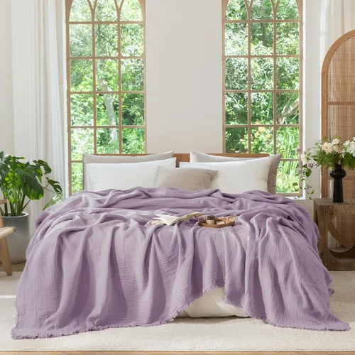 Miniatura 21 de MooMee - Manta de muselina 100% algodón, manta de 4 capas de gasa con borlas, ultra suave, transpirable, ligera y refrescante para cama y sofá Verde