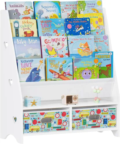 Lerliuo Estantería de 5 niveles para niños, estante blanco para libros con 2 cajones, estantería de madera para bebés y niños, estantes de
