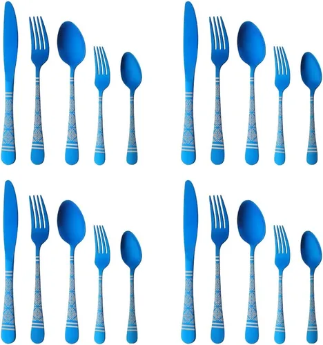Miniatura 14 de Juego de cubiertos martillados dorados para 4, 20 piezas, diseño único de acero inoxidable, incluye cuchillos, tenedores, cucharas, esmalte de Oro