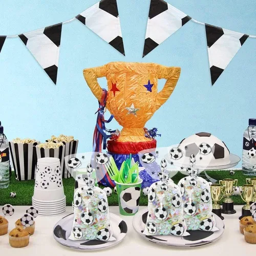 Miniatura 6 de 100 bolsas de golosinas de fútbol, bolsas de golosinas de fútbol, bolsas transparentes para violonchelo con lazos giratorios plateados, suministros