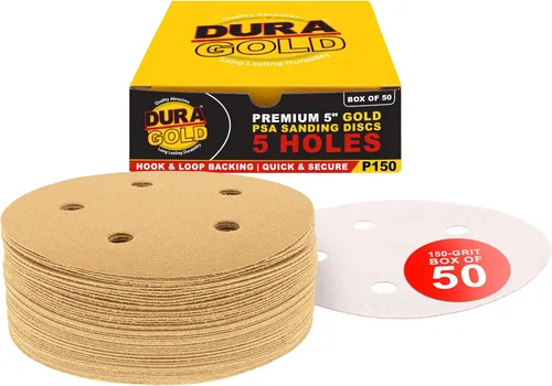 Miniatura 16 de Dura-Gold - Premium - Grano 80 - Discos de lija dorados de 5 pulgadas - Gancho y bucle sin polvo de 5 agujeros para lijadora DA - Caja de 50 discos