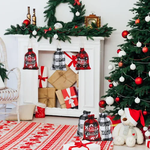 Miniatura 6 de Boao 24 bolsas de Navidad con cordón para regalo de Navidad, a cuadros, de algodón, para suministros de fiesta de dulces de Navidad