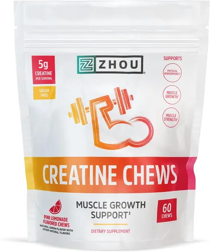 ZHOU Nutrition Creatina Monohidrato Masticables 0.18 oz para hombres y mujeres, sin azúcar, orgánico, sin OMG, limonada rosa, 60 gomitas de creatina