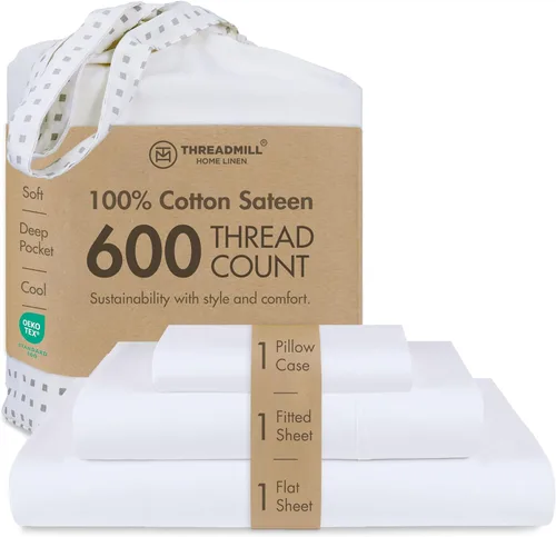 Miniatura 53 de Threadmill Sábanas de Algodón 100% para Cama Tamaño Queen - Juego de Sábanas Queen de 600 Hilos con Bolsillo Profundo de 16" - Juego de Ropa de Cama