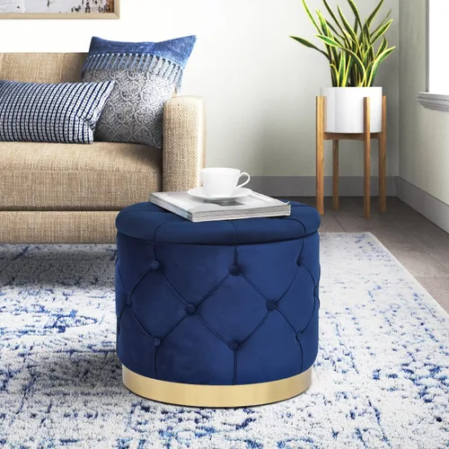 Miniatura 2 de Adeco Otomana redonda de almacenamiento, banco tapizado con botones de terciopelo con tapa extraíble, mesa auxiliar, reposapiés, asiento para sala