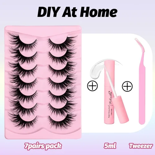 Miniatura 6 de Veleasha Kit de pestañas con pegamento y pinzas, pestañas de ojo de gato que parecen extensiones esponjosas de imitación de visón, pestañas finas