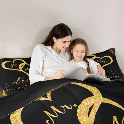 Miniatura 5 de Erosebridal Juego de edredón para parejas, juego de ropa de cama tamaño individual con lentejuelas doradas con purpurina dorada, edredón acolchado