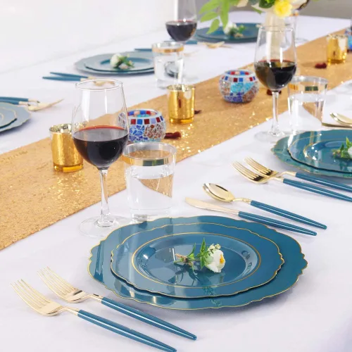 Miniatura 6 de NERVURE - 102 platos de plástico dorados, diseño de cristal transparente, desechables, para fiestas de boda; incluye 51 platos de plástico para cena