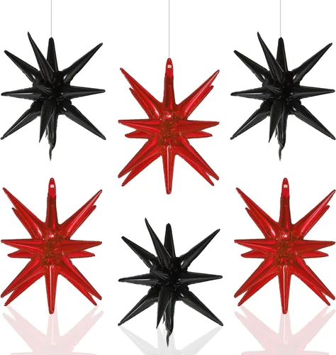 Miniatura 17 de 6 Globos de Papel de Aluminio con Forma de Estrella Negra de Una Pieza, Globo de Estrella de 14 Puntas 4D Cono Starburst de Mylar de 22 Pulgadas