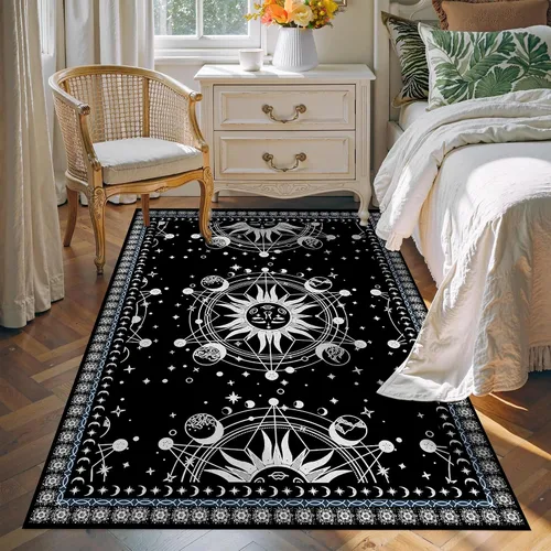 Miniatura 34 de 5' X 7' Alfombra con diseño de sol y luna, alfombras boho celestiales para dormitorio, sala de estar, estilo bohemio, oculto, media luna, solar