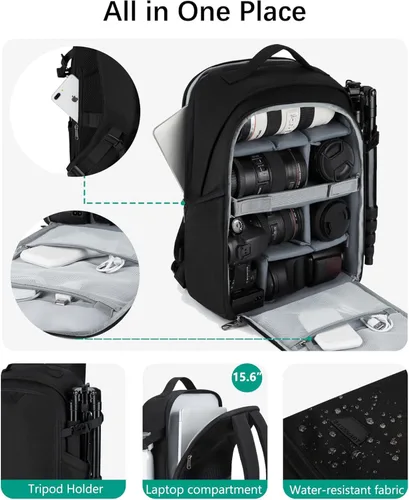 Miniatura 4 de BAGSMART Bolsa para cámara, mochila para cámara DSLR SLR para laptop de hasta 15.6 pulgadas, funda para cámara para fotógrafos con cubierta Negro