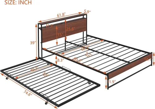 Miniatura 2 de Harper & Bright Designs Cama de plataforma Queen con nido y puertos USB, marco de cama Queen de metal con cabecera de almacenamiento y soporte