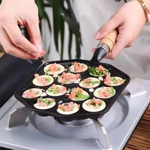 Miniatura 6 de HERCHR Takoyaki - Plato para parrilla, 14 agujeros, sartén Takoyaki, antiadherente, de hierro fundido, para hacer moldes con mango desmontable