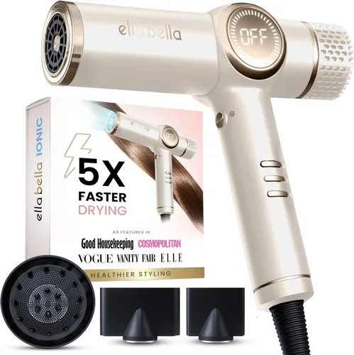 ELLA BELLA® - Secador de pelo iónico profesional con difusor • Secador de pelo de iones negativos • Adecuado para todo tipo de cabello • Control