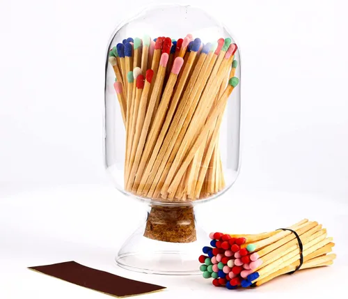 Frasco de vidrio para fósforos con campana, frasco de vidrio para fósforos con percutor, fósforos en un frasco con percutor, frasco para percutor de