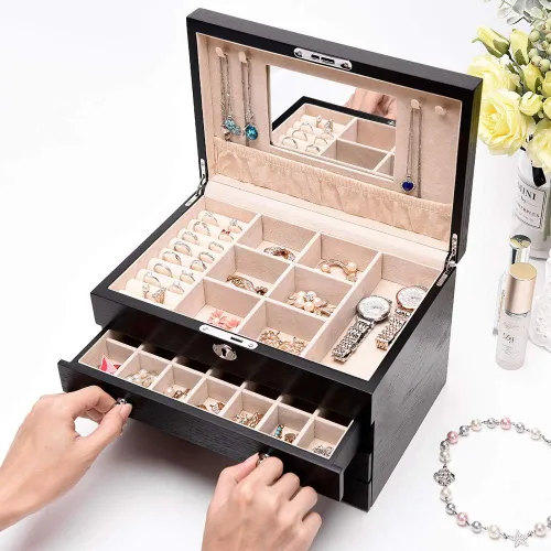 Miniatura 2 de TITISKIN Joyero grande de madera, joyero con espejo, caja de joyería con cerradura de 4 capas, caja de regalo, gabinete de joyería de escritorio