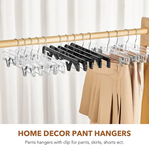 Miniatura 6 de HOUSE DAY Perchas negras para pantalones con clips, paquete de 12 perchas de plástico para falda para mujer, colgador de clip de 14 pulgadas