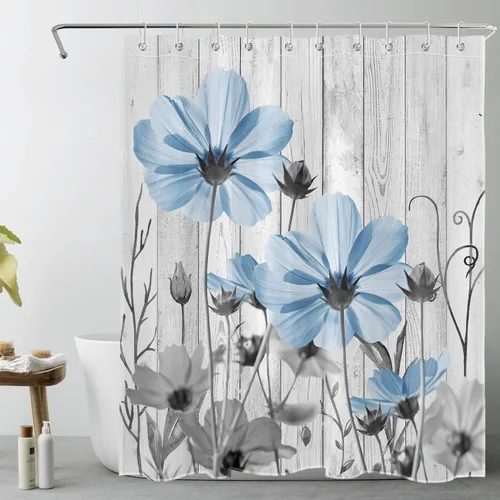 Cortina de ducha con ganchos, diseño floral azul y gris sobre madera rústica para baño, juego de cortina de ducha con hojas de flores, plantas