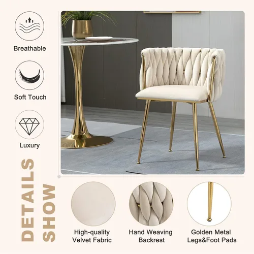 Miniatura 7 de NIOIIKIT - Sillas de comedor modernas de terciopelo con tejido manual, sillas de acento para sala de estar, sillas tapizadas laterales con patas