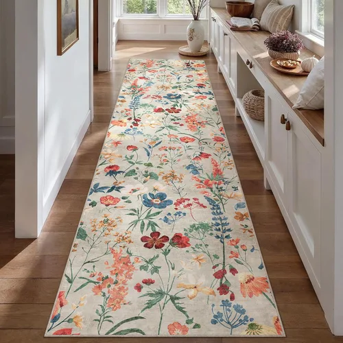 PureCozy Alfombra de pasillo floral de 3 x 10, lavable, larga, color beige, dormitorio, alfombra antideslizante, para interiores, estilo bohemio,