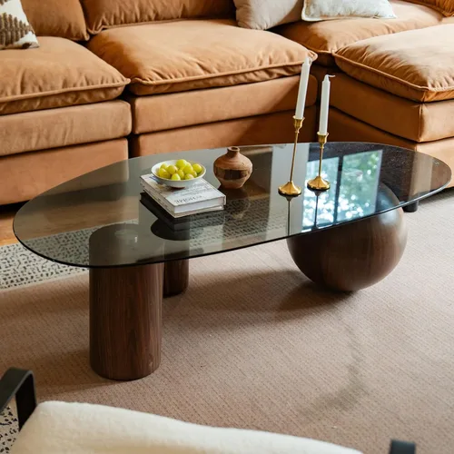 Mesa auxiliar moderna de cristal ovalada de 55 pulgadas, patas de madera de nogal y mesa de vidrio curvado, mesa central de sofá de granja para