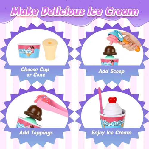 Miniatura 6 de Kasfalci Juguete de carrito de helados, juego de heladería para niños, tienda de comestibles, juguetes de comida de juego de simulación, carrito