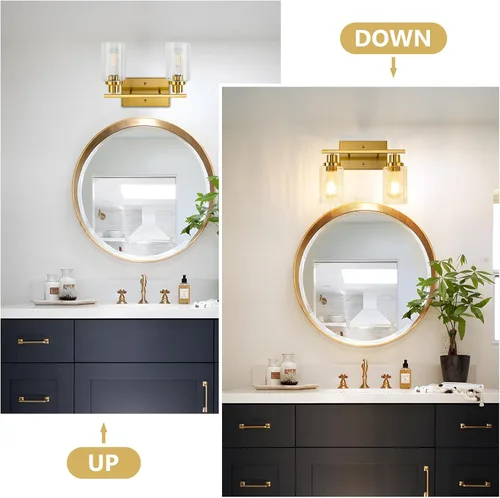Miniatura 2 de Jonsi Accesorios de iluminación de baño dorados, 2 luces de tocador de oro cepillado con pantalla de vidrio estriada, luces modernas sobre espejo