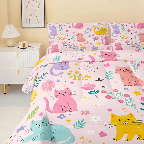 Miniatura 4 de QOOMO Edredón floral de gato tamaño Twin, juego de ropa de cama de gato rosa para niños, adolescentes y niñas, juego de ropa de cama de 3 piezas