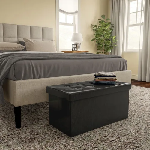 Miniatura 4 de Ottoman Negro piel sintética – Banco de almacenamiento, genial como un asiento doble o un apoya pies, mesa de centro, organizador de juguetes